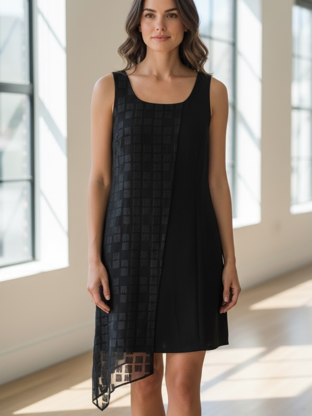Cindy + Johnny Black Sleeveless Shift Dress Silk Burnout Asymmetric Hem S